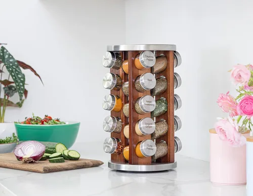 Vista 3 de Orii Repisa para 20 tarros de madera de acacia oscura con especias incluidas - Organizador giratorio en torre para especias y condimentos de cocina
