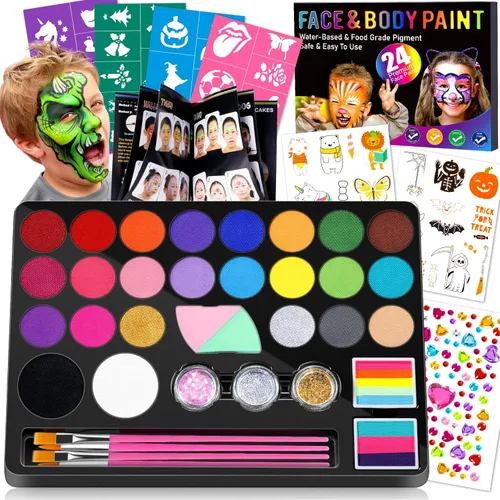 Vista 9 de Kit de pintura facial Drawdart para niños - 15 colores de pintura facial no tóxica a base de agua con plantillas y brochas - Kit de maquillaje