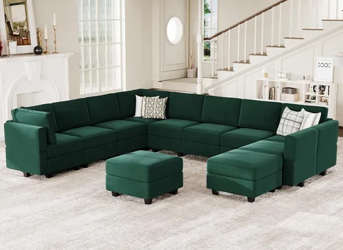 Vista 17 de Belffin Sofá modular modular con asiento de almacenamiento, sofá en forma de U de gran tamaño, sofá modular de terciopelo con terciopelo otomano