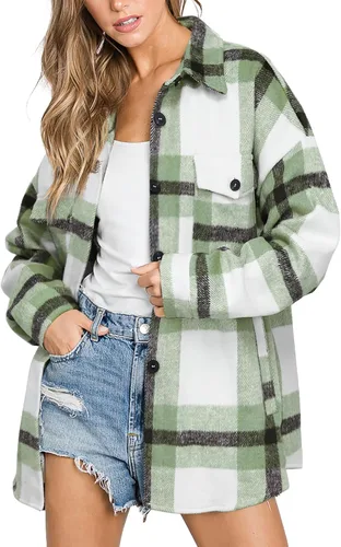 Vista 27 de Beaully Chaqueta-Camisa de Franela a Cuadros para Mujer, Trajes de Otoño 2025, Camisa de Manga Larga con Botones, Chaqueta Abrigo con Bolsillos Negro