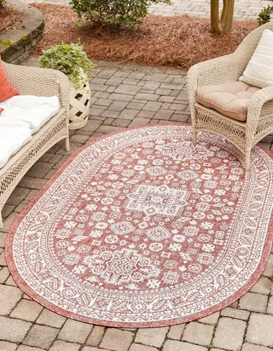 Vista 50 de Unique Loom Outdoor Aztec Collection Alfombra de área, Chalca (5 pies 3 pulgadas, octágono, aguamarina/marfil)