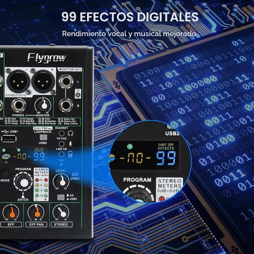 Vista 3 de Mezclador de audio de 6 canales, mezclador de DJ, luz de respiración RGB, 99 efectos DSP, interfaz de audio USB, Bluetooth fantasma de 48 V, alta