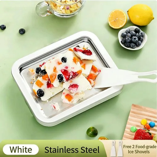 Vista 2 de Máquina para hacer helados enrollados, máquina de rodillo de helado de acero inoxidable con 2 espátulas, bandeja antiadherente de enfriamiento