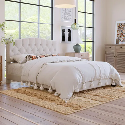 Vista 3 de DSHADE Base de cama Queen con plataforma tapizada de lino moderno, base de cama de madera maciza beige con cabecero, detalles capitoné de diamante