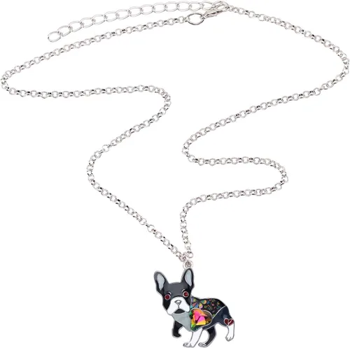 Vista 4 de BONSNY Collar de Bulldog Francés con diamantes de imitación esmaltados, diseño original para mujeres y niños