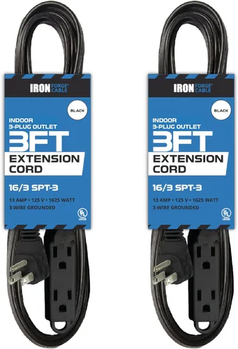 Vista 26 de IRON FORGE CABLE Cable de extensión de enchufe plano con 3 tomas, 0.91 m (3 pies) en color negro - Cable de extensión para interior con 3 tomas