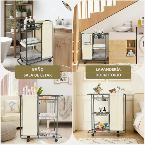 Vista 7 de Carrito de lavandería estrecho de 3 niveles con ruedas 45L para dormitorio Beige