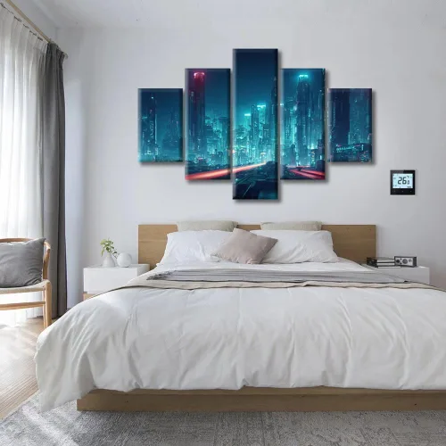 Vista 331 de Cuadros de 5 paneles de Cyberpunk City, arte de pared, representación de vallas publicitarias, edificios modernos en la capital con obras de arte