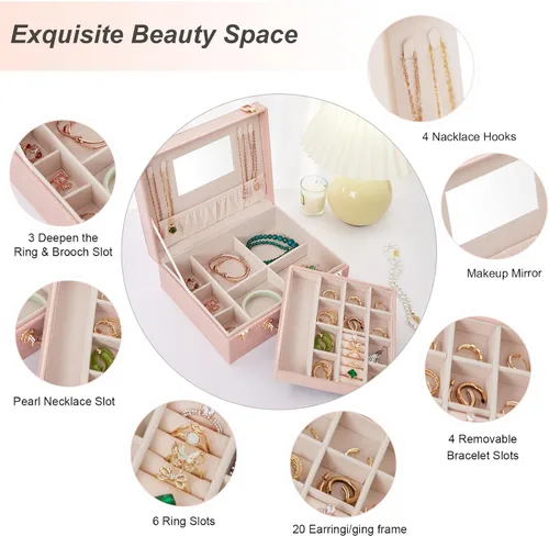 Vista 3 de Joyero portátil para mujeres y niñas con piel sintética, caja organizadora de aretes con espejo de maquillaje para regalos de Navidad y Año Nuevo