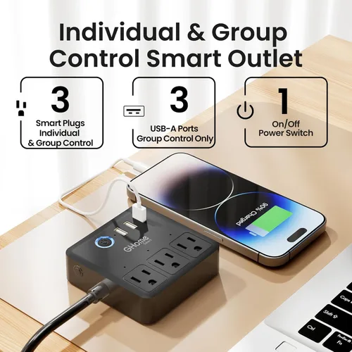 Vista 5 de GHome Smart Regleta de alimentación con 3 salidas WiFi y 3 USB, compatible con Alexa y Google Home, regleta protectora contra sobretensiones