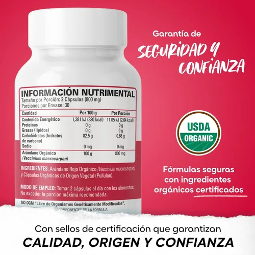 Vista 2 de OS Organic Side - Arándano orgánico 60 cápsulas - Prevención de infecciones urinarias - Certificado USDA - Sin OMG - Vegano