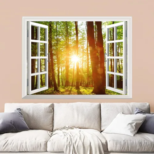 Vista 30 de Mural autoadhesivo, casa del árbol en el bosque, visualización de ventana creativa, decoración de paredes