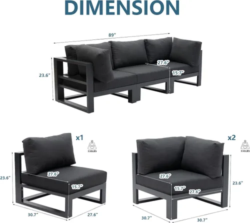 Vista 5 de Moderno sofá modular de 3 plazas para exteriores, juego de sofá de conversación para jardín, patio, cojines gris oscuro