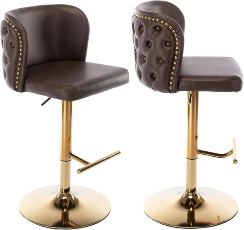 Vista 17 de Taburetes de bar tapizados de poliuretano con base dorada, taburetes de bar ajustables de 25-33 pulgadas, taburetes de mostrador con respaldo Beige