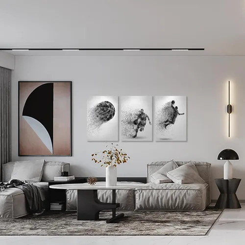 Vista 4 de Juego de 3 impresiones artísticas en lienzo de baloncesto, pósteres de baloncesto enmarcados, decoración de sala deportiva para hombres, niños