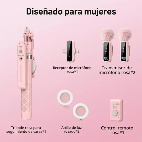 Vista 9 de Kit de vlogging rosa para iPhone/Android, trípode magnético de seguimiento facial automático de 71 pulgadas para iPhone, palo selfie 6 en 1