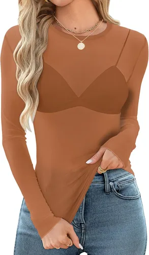 Vista 26 de OFEEFAN - Blusas de malla para mujer con manga larga y encaje, camisetas de cuello redondo ajustadas y transparentes Champán