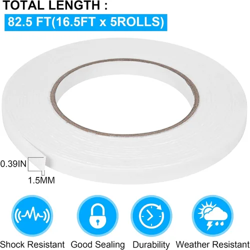 Vista 2 de Cinta adhesiva de espuma de doble cara 0.39 pulgadas x 5 metros, 5 paquetes, cinta de montaje resistente, tiras de sellado adhesivas fuertes y Blanco