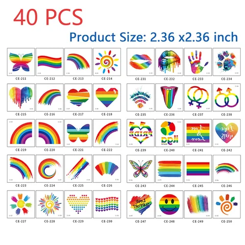 Vista 2 de Tatuajes de arco iris, 40 calcomanías de tatuaje de orgullo, impermeables, tatuajes temporales LGBT arcoíris