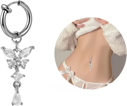 Vista 3 de Anillos de ombligo de mariposa con clip para el ombligo para mujer, no perforantes, anillos falsos para ombligo, joyería