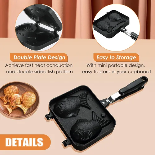 Vista 5 de MAOPINER Taiyaki - Molde para hacer gofres con forma de pez, doble molde para hacer gofres para bricolaje Fish Shaped Pancake Pan for Homemade