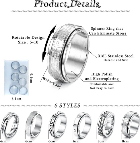 Vista 3 de Sanfenly 6 anillos giratorios de acero inoxidable para mujeres y hombres anillos antiansiedad anillo de luna estrella arena acabado explosivo alivio