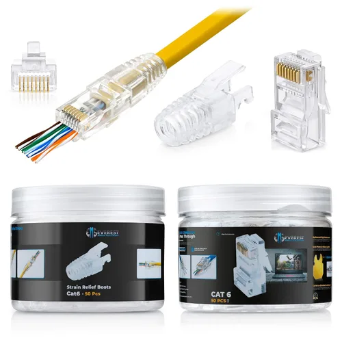 Vista 12 de Everest Media Solutions EMS RJ45 Cat6 - Conectores de paso y botas de alivio de tensión, varios colores, paquete de 50/50 EZ para crimpar enchufe
