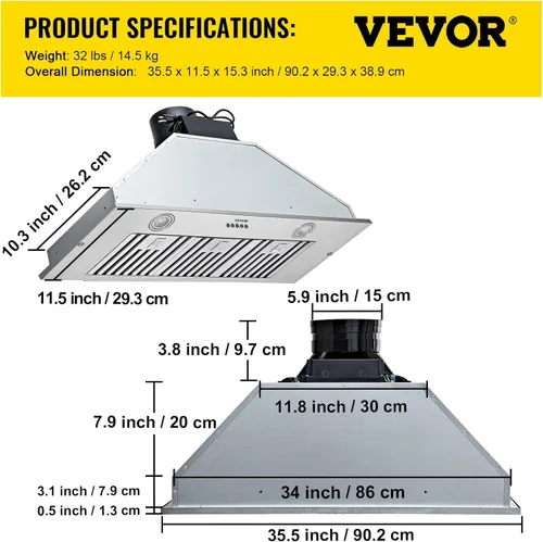 Vista 8 de VEVOR Campana de Ventilación Integrada, 800CFM 3-Velocidades, Campana de Cocina de Acero Inoxidable de 36 Pulgadas con Control de Botón de Impulso