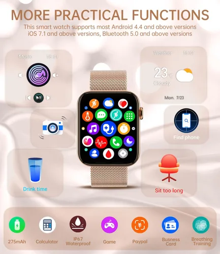 Vista 7 de Relojes inteligentes para mujer (respuesta/hacer llamadas) 1.85 pulgadas pantalla táctil reloj de seguimiento de fitness con frecuencia cardíaca