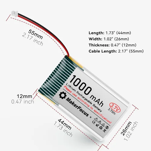 Vista 8 de Batería recargable de polímero de litio de 3.7 V 1000 mAh con placa de protección, cinta de goma aislada y enchufe JST 1.25 para placa de desarrollo