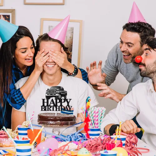 Vista 6 de Decoración de pastel de camioneta con temática de feliz cumpleaños, púas de decoración de purpurina negra para adultos, suministros de decoración