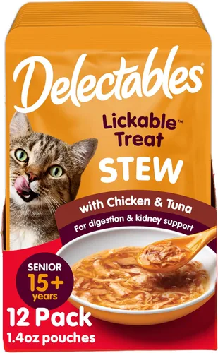 Vista 13 de Delectables Lickable Treat Stew Senior 10+ - Golosina húmeda para gatos con pollo real y atún, adorno para alimentos, hidratante, sin granos, sin