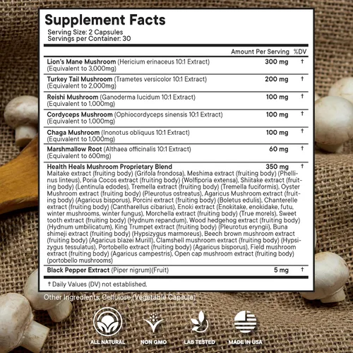 Vista 2 de Suplemento de hongos con cola de pavo de melena de león Reishi Cordyceps Chaga raíz de malvavisco - 120