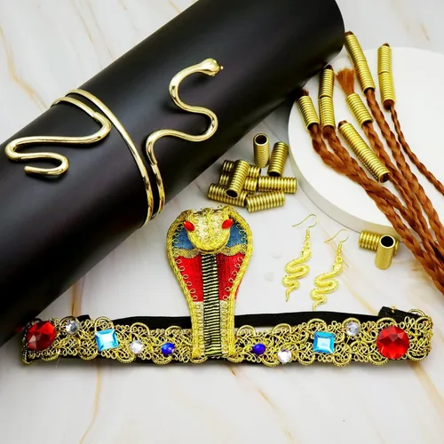 Vista 3 de RechicGu Juego de 25 piezas de accesorios de disfraz de Cleopatra egipcia, tocado de serpiente, aretes de brazo dorado para cosplay