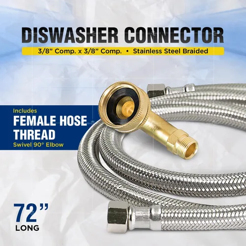 Vista 2 de Highcraft CNCT28772-OM Conector, conecta el lavavajillas al agua, línea de suministro Dishwsher con codo giratorio, acero inoxidable trenzado de 72