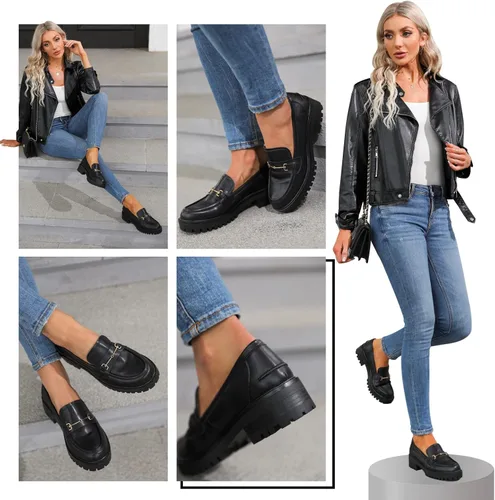 Vista 6 de VETASTE Mocasines clásicos de tacón grueso con plataforma y suela de lengüeta para mujer, con puntera redonda, zapatos Oxford con cadena de metal
