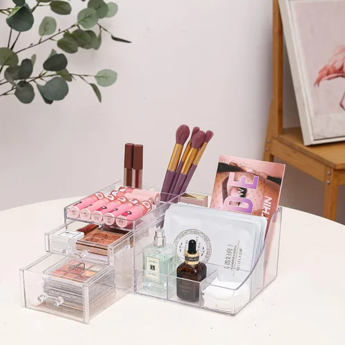 Vista 3 de Cq acrylic 1 organizador transparente para el cuidado de la piel para tocador, organizador de maquillaje apilable con 2 cajones, lindo organizador