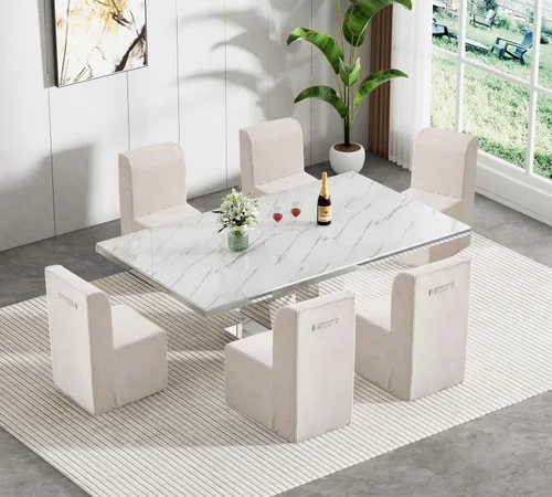 Vista 12 de Juego de mesa de comedor extensible marrón de 9 piezas para 8, 63 a 78.74 pulgadas, juego de mesa de cocina y comedor, mesa de comedor extensible