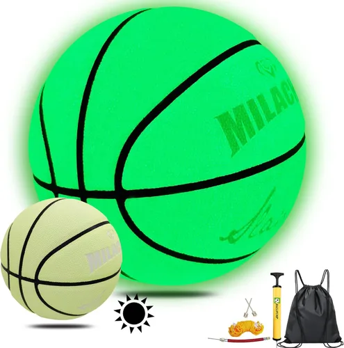 Vista 5 de Balón de baloncesto que brilla en la oscuridad - Regalo de cuero verde iluminado para adolescentes, hombres, mujeres - Juego nocturno en interiores