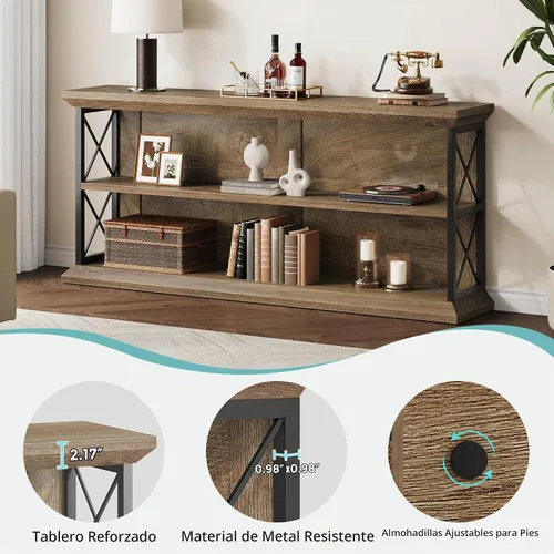 Vista 5 de Mesa consola de entrada de 63 pulgadas con estante de almacenamiento de 3 niveles, detrás del sofá