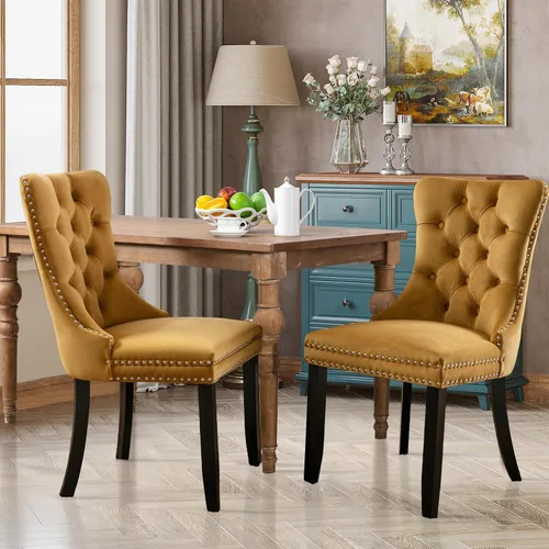 Vista 92 de Juego de 2 sillas de comedor tapizadas de tela de lino, sillas de cocina modernas de mediados de siglo con respaldo alto, ribete de cabeza de clavo