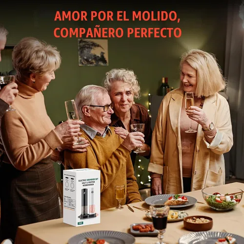 Vista 6 de Juego de molinillo eléctrico de sal y pimienta, automático para cocina, grosor ajustable, mayor capacidad, con luces LED, regalos de Navidad