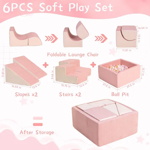 Vista 5 de STAOLENE Bloques de escalada de espuma suave con pozo de bolas, 6 juguetes de escalada de interior beige y rosa para niños pequeños, juego