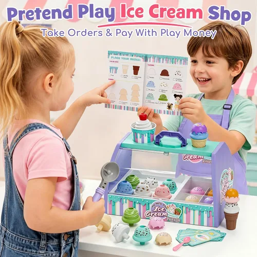 Vista 5 de Lehoo Castle Juguetes de helado para niños pequeños de 3 a 5 años, juguetes para niñas de 3 a 4 años, juego de tienda de helados para niños, regalo
