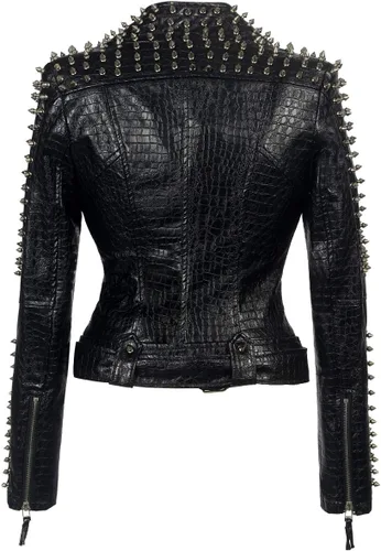 Vista 2 de ZJX Chaqueta de motocicleta clásica con personalidad de Spike para mujer, chaqueta de cuero sexy de lujo (S, negro), Negro