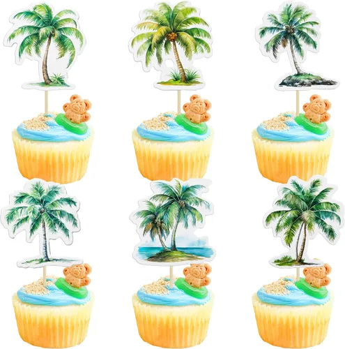 Vista 19 de Gyufise 1 pieza de decoración para pastel de cumpleaños Moana con purpurina de hoja de palma, flor de moana para pastel tropical hawaiano Luau, baby