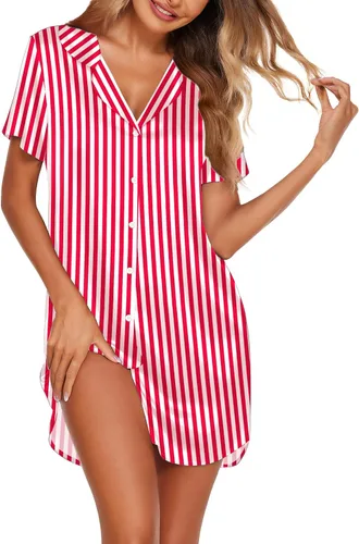 Vista 25 de Ekouaer Camisones de satén para mujer, ropa de dormir de seda con botones, manga 3/4, cuello en V, con bolsillos 01 Negro