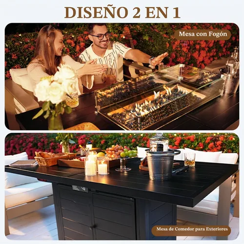 Vista 2 de PIZZELLO Juego de muebles de patio de 10 piezas con mesa de fuego de Cojín azul/mimbre