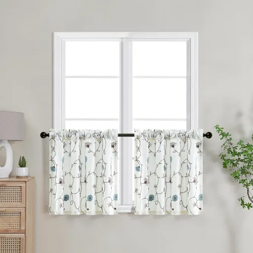Vista 16 de VOGOL Cortinas de Nivel para Cocina para Ventana, Flores Azules y Enredaderas Bordadas Cortina de 24 Pulgadas de Largo, Cortinas Cortas Tratamiento
