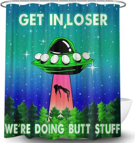 Vista 2 de MERCHR Funny UFO Shower Curtain for Bathroom, Unique Fun Alien Blue Space Starry Sky Forest Fabric Shower Curtains Set, Weird Restroom Decor